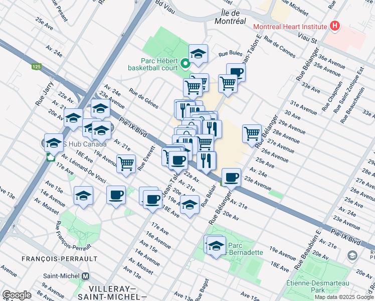 map of restaurants, bars, coffee shops, grocery stores, and more near in Montréal