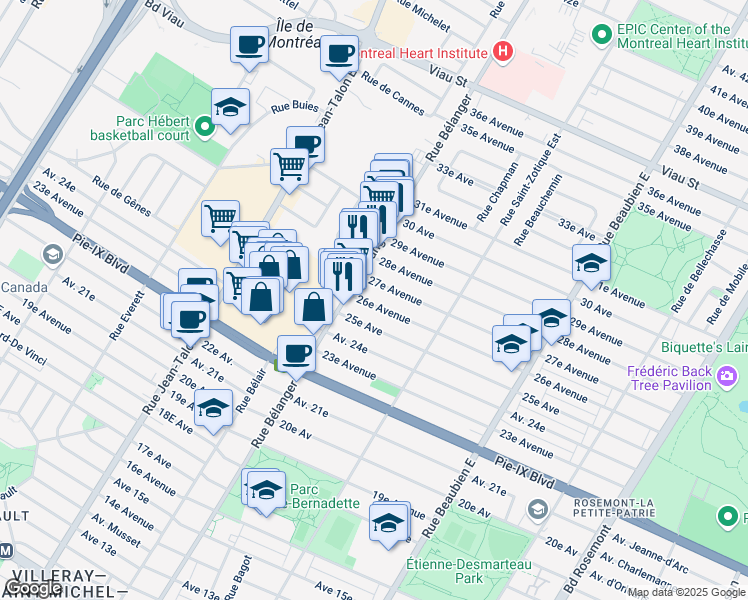 map of restaurants, bars, coffee shops, grocery stores, and more near 6845 26e Avenue in Montréal