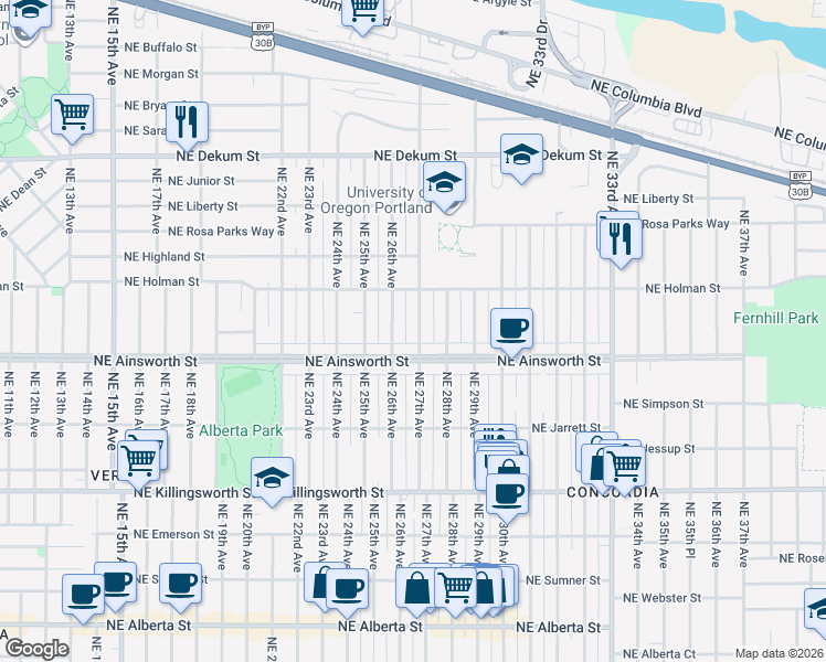 map of restaurants, bars, coffee shops, grocery stores, and more near 6101 Northeast 27th Avenue in Portland