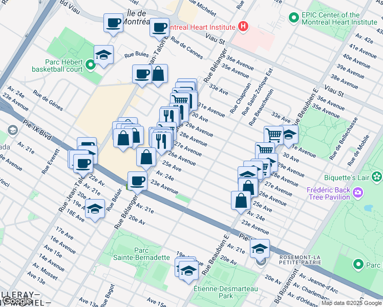 map of restaurants, bars, coffee shops, grocery stores, and more near 6794 27e Avenue in Montréal