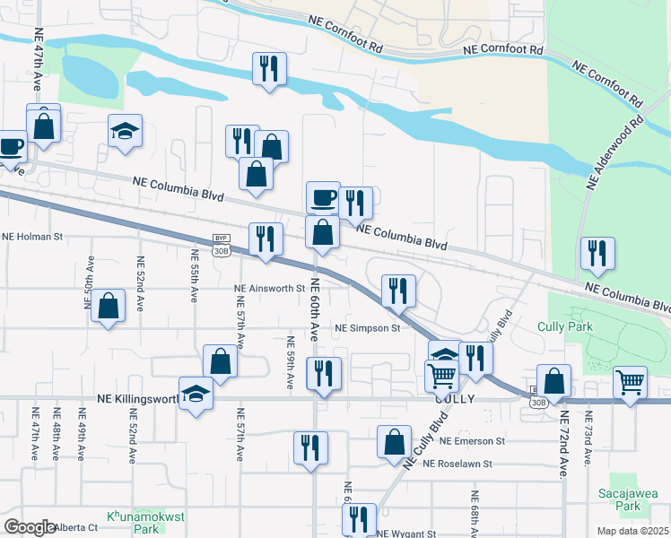 map of restaurants, bars, coffee shops, grocery stores, and more near 6021 North North Portland Road in Portland
