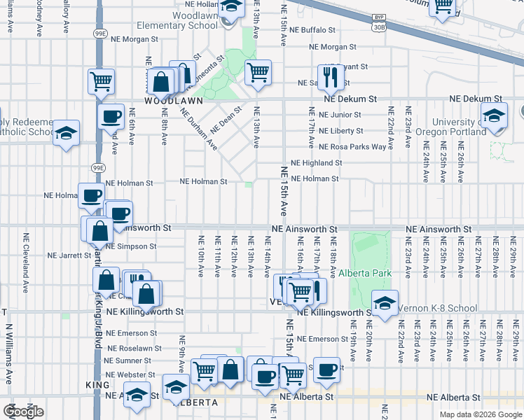 map of restaurants, bars, coffee shops, grocery stores, and more near 6037 Northeast 13th Avenue in Portland