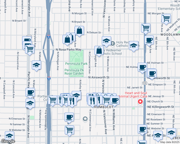 map of restaurants, bars, coffee shops, grocery stores, and more near 6103 North Commercial Avenue in Portland