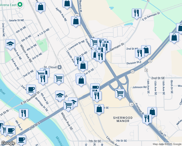 map of restaurants, bars, coffee shops, grocery stores, and more near 110 Columbia Avenue Northeast in St. Cloud