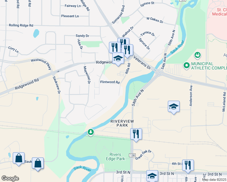 map of restaurants, bars, coffee shops, grocery stores, and more near 809 Rilla Road in St. Cloud