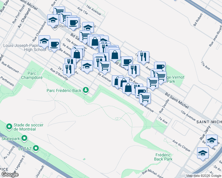 map of restaurants, bars, coffee shops, grocery stores, and more near 8760 8e Avenue in Montréal