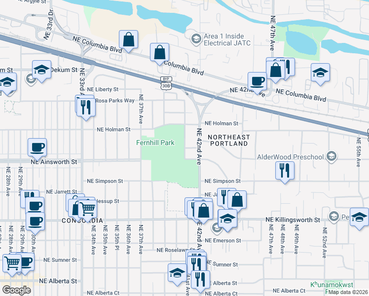 map of restaurants, bars, coffee shops, grocery stores, and more near Fernhill Park in Portland