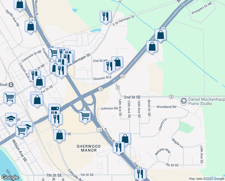 map of restaurants, bars, coffee shops, grocery stores, and more near 1230 Minnesota 23 in St. Cloud