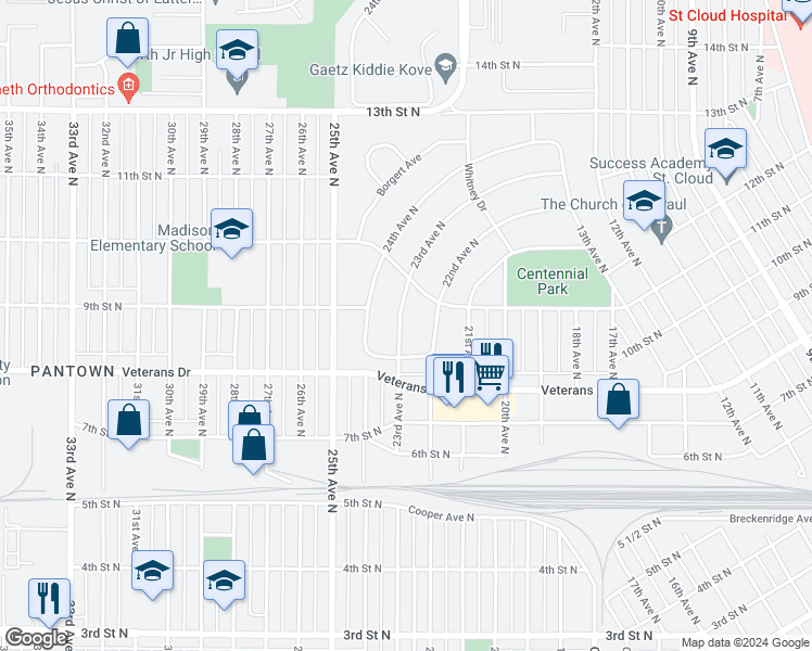 map of restaurants, bars, coffee shops, grocery stores, and more near 832 23rd Avenue North in Saint Cloud