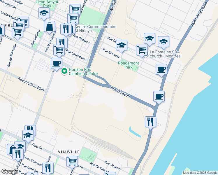 map of restaurants, bars, coffee shops, grocery stores, and more near 2062 Rue Dickson in Montréal