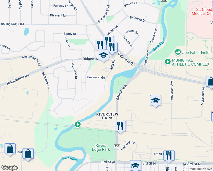 map of restaurants, bars, coffee shops, grocery stores, and more near 806 Rilla Road in St. Cloud
