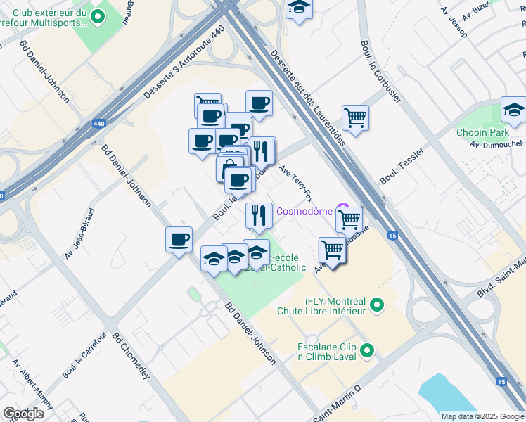 map of restaurants, bars, coffee shops, grocery stores, and more near 3037 Rue Édouard-Montpetit in Laval