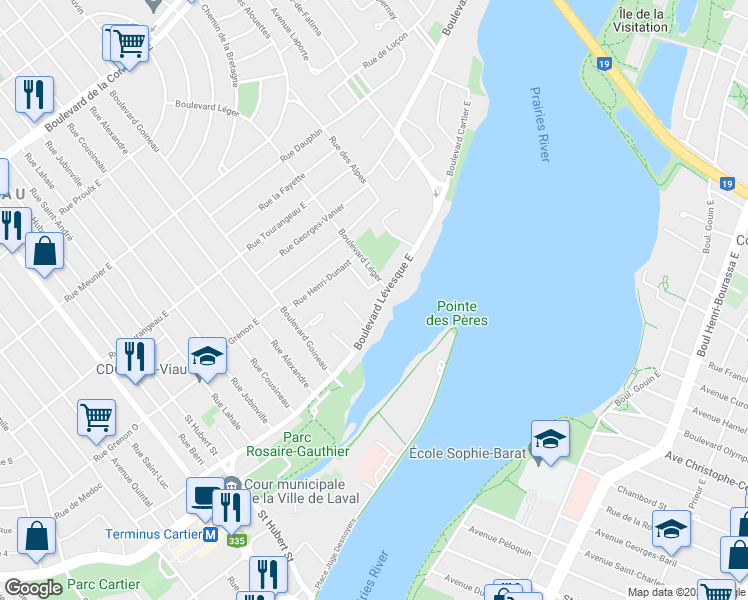map of restaurants, bars, coffee shops, grocery stores, and more near 222 Boulevard Lévesque Est in Laval