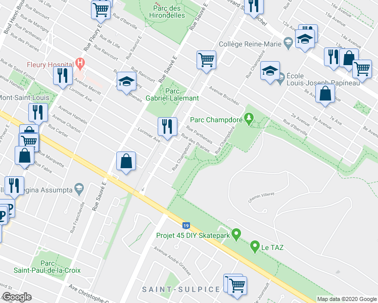 map of restaurants, bars, coffee shops, grocery stores, and more near 2128 Rue Champdoré in Montréal