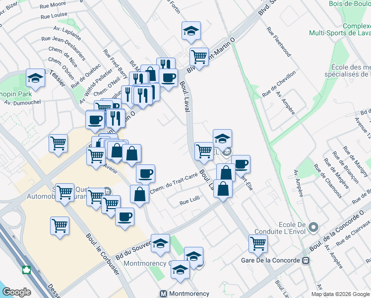map of restaurants, bars, coffee shops, grocery stores, and more near 790 Boulevard Laval in Laval