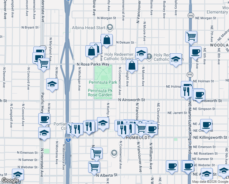 map of restaurants, bars, coffee shops, grocery stores, and more near 6104 North Kerby Avenue in Portland