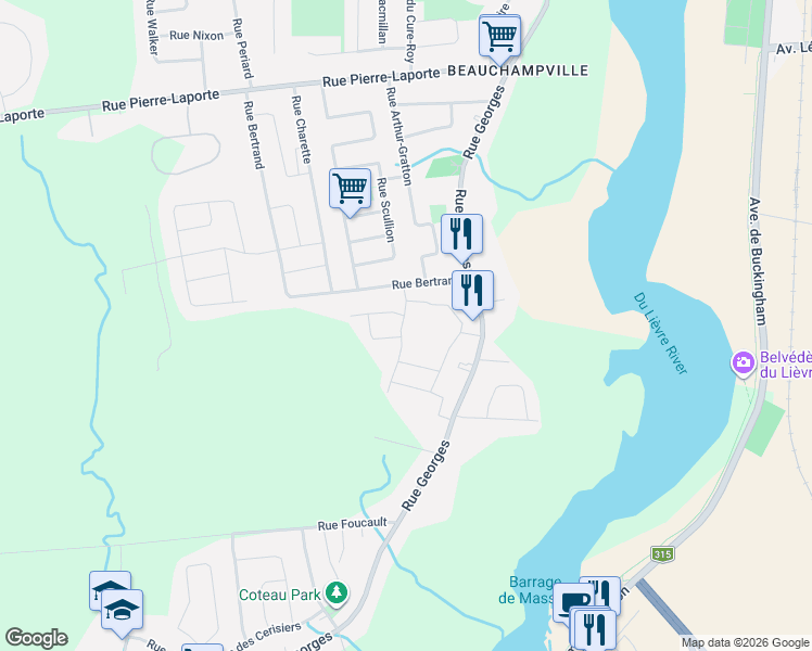 map of restaurants, bars, coffee shops, grocery stores, and more near 32 Rue Jacques Joubert in Gatineau