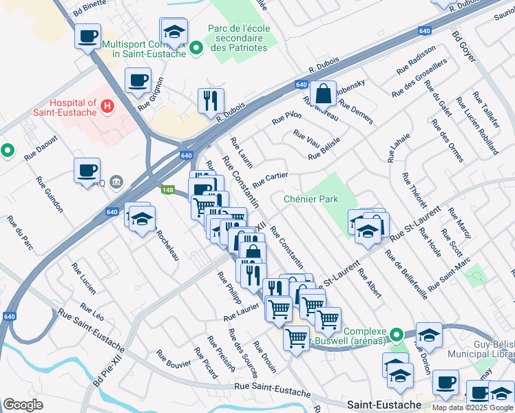 map of restaurants, bars, coffee shops, grocery stores, and more near 351 Rue Dubord in Saint-Eustache