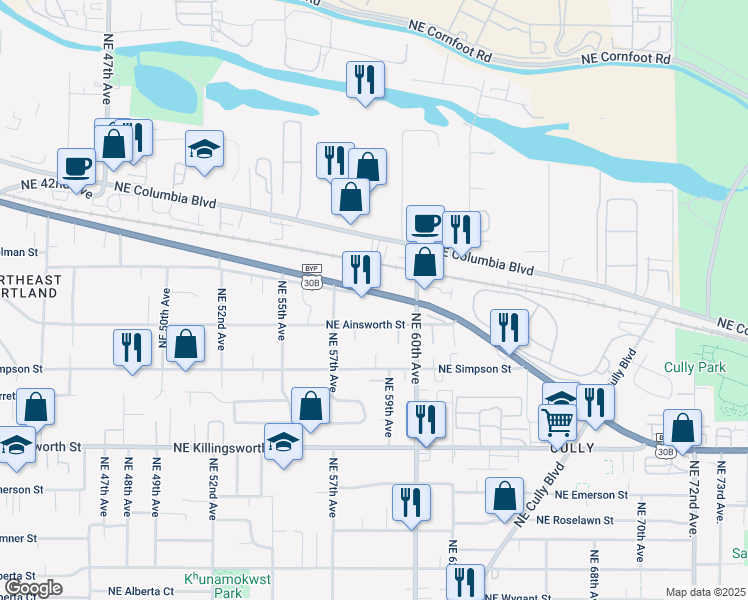 map of restaurants, bars, coffee shops, grocery stores, and more near 5820 U.S. 30 Bypass in Portland