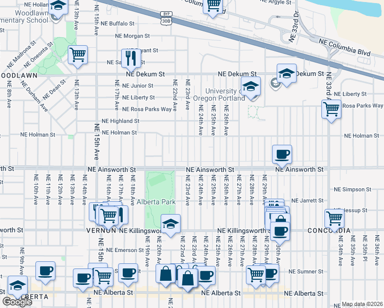 map of restaurants, bars, coffee shops, grocery stores, and more near 6039 Northeast 24th Avenue in Portland