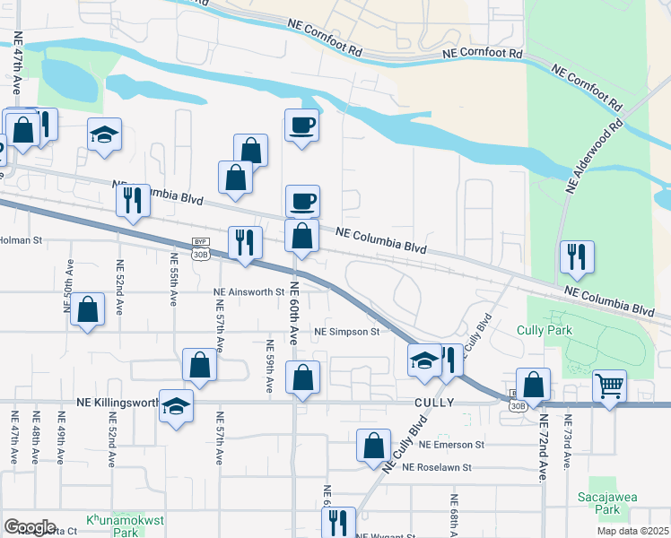 map of restaurants, bars, coffee shops, grocery stores, and more near 6021 North North Portland Road in Portland