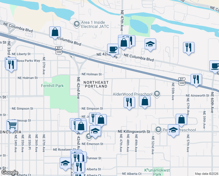 map of restaurants, bars, coffee shops, grocery stores, and more near 6031 Northeast 46th Avenue in Portland