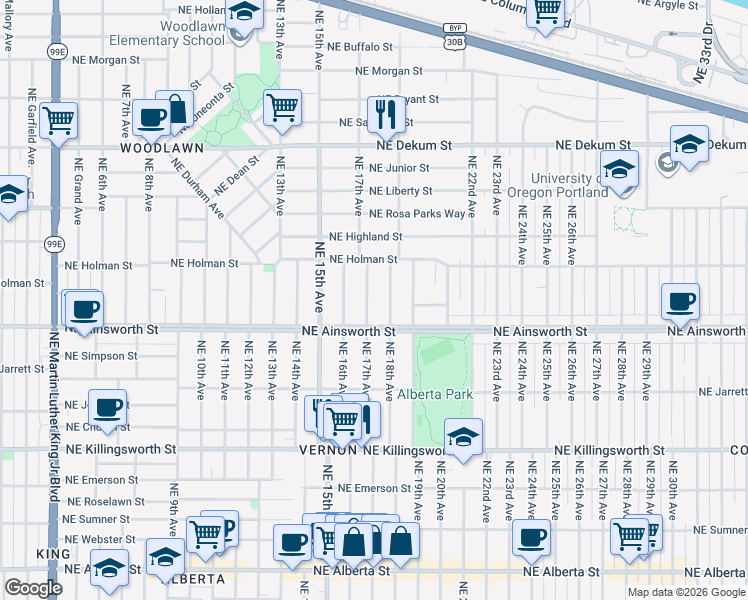 map of restaurants, bars, coffee shops, grocery stores, and more near 6034 Northeast 17th Avenue in Portland