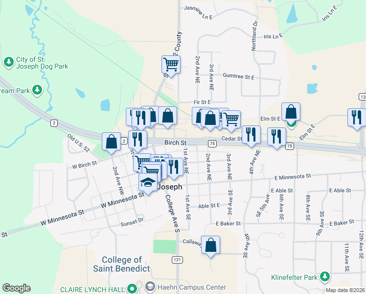 map of restaurants, bars, coffee shops, grocery stores, and more near 38 East Birch Street in Saint Joseph