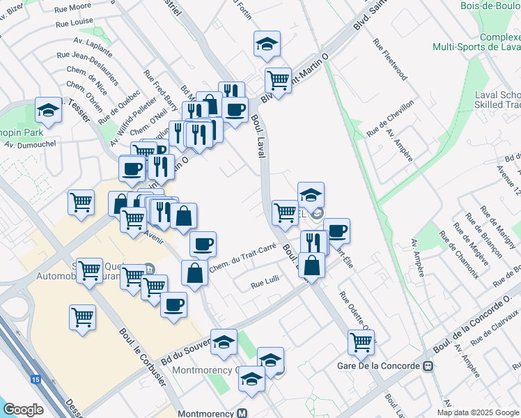 map of restaurants, bars, coffee shops, grocery stores, and more near 800 Boulevard Laval in Laval