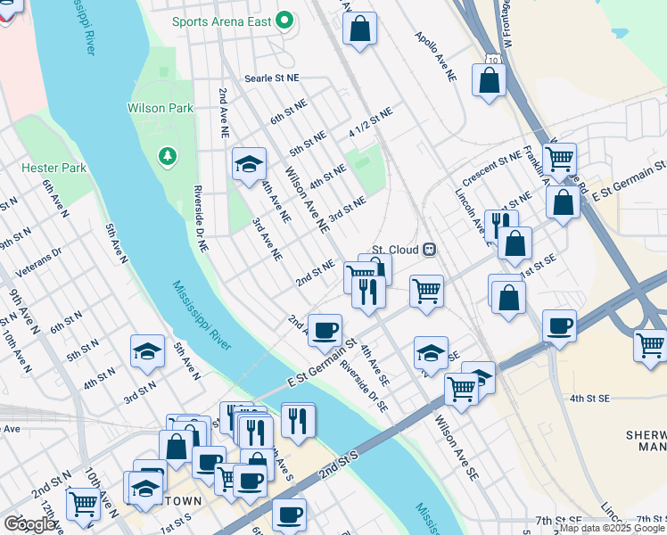 map of restaurants, bars, coffee shops, grocery stores, and more near 414 2nd Street Northeast in St. Cloud