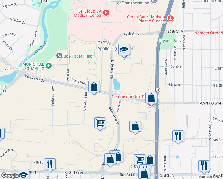 map of restaurants, bars, coffee shops, grocery stores, and more near 1000 44th Avenue North in Saint Cloud