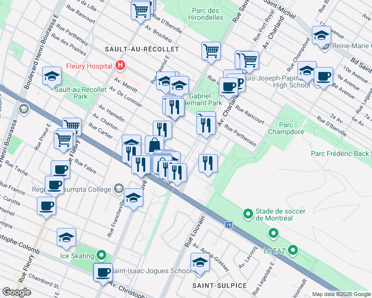 map of restaurants, bars, coffee shops, grocery stores, and more near 9618 Rue de Saint-Firmin in Montréal