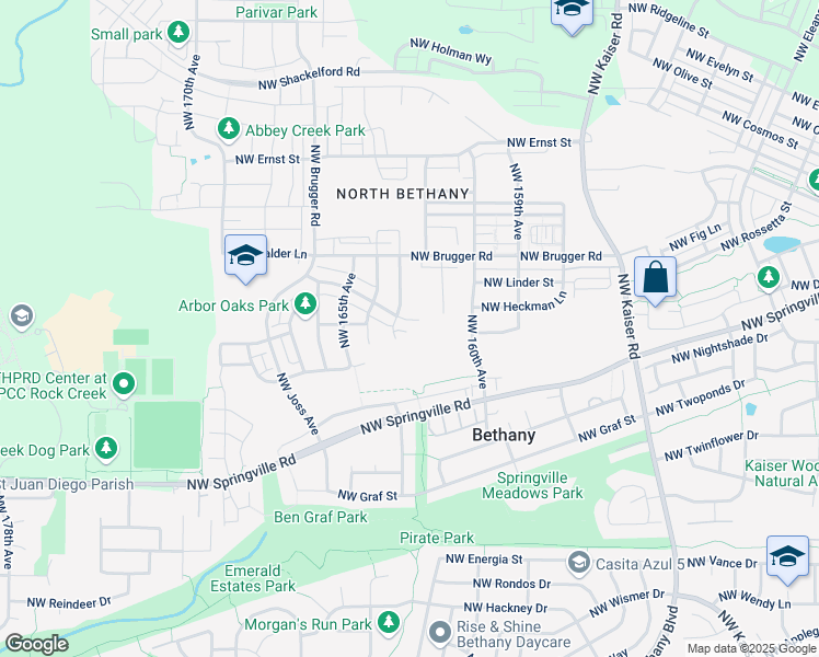 map of restaurants, bars, coffee shops, grocery stores, and more near 16280 Northwest Rossetta Street in Portland