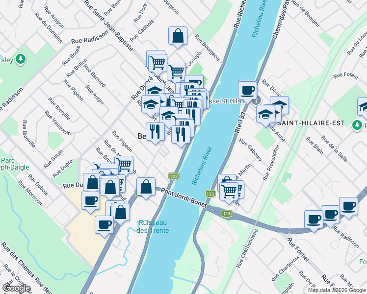 map of restaurants, bars, coffee shops, grocery stores, and more near 890 Rue Richelieu in Beloeil