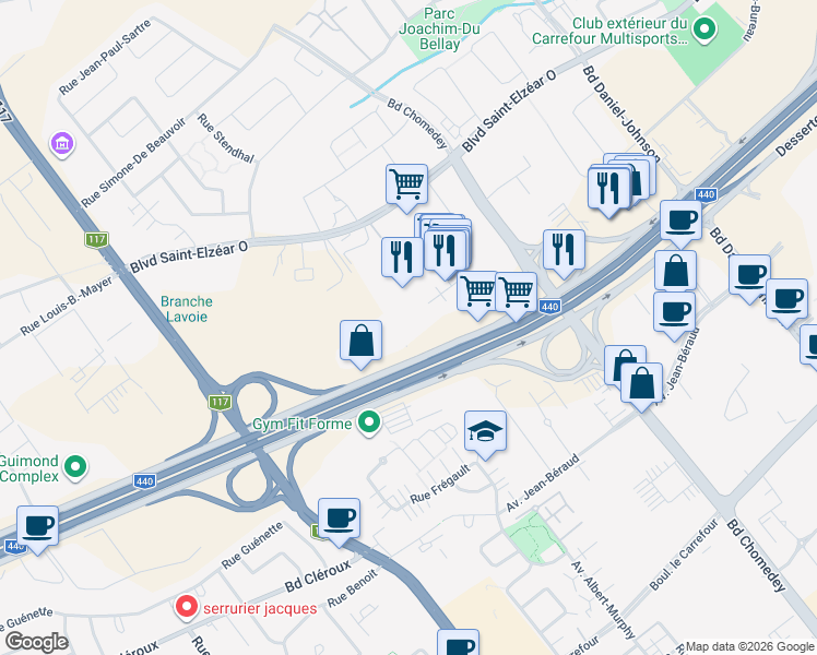 map of restaurants, bars, coffee shops, grocery stores, and more near 3621 Autoroute 440 in Laval