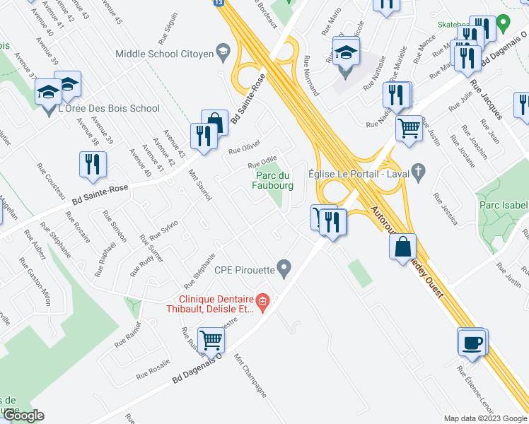 map of restaurants, bars, coffee shops, grocery stores, and more near 4059 Rue Stéphanie in Laval