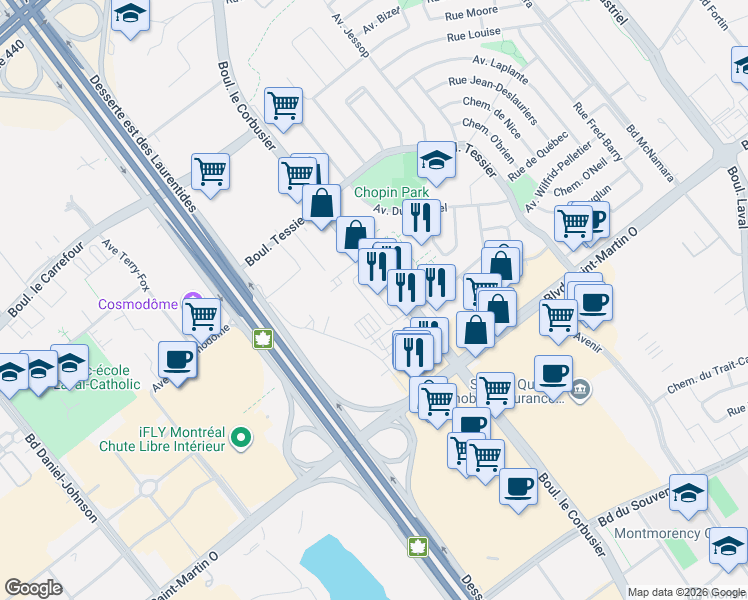 map of restaurants, bars, coffee shops, grocery stores, and more near 1800 Boulevard le Corbusier in Laval