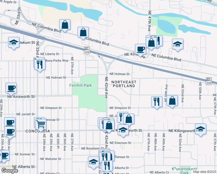 map of restaurants, bars, coffee shops, grocery stores, and more near 6025 Northeast 42nd Avenue in Portland