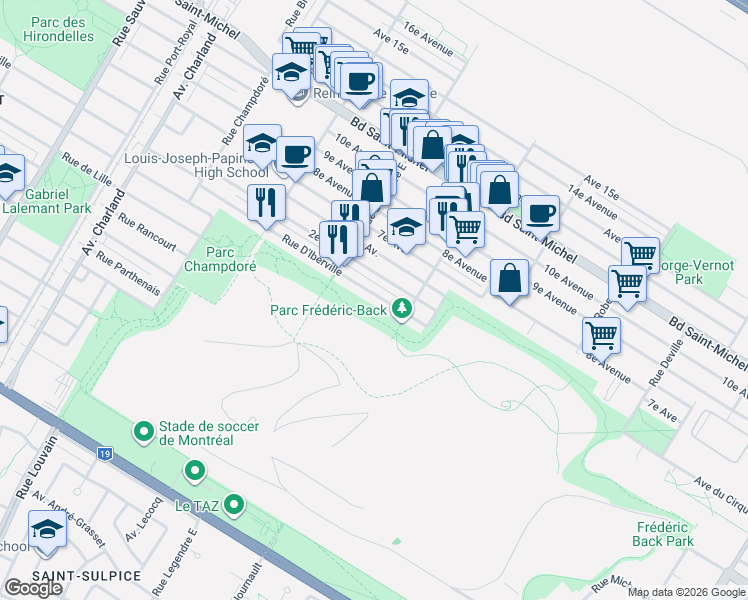 map of restaurants, bars, coffee shops, grocery stores, and more near 8946 Rue D'Iberville in Montréal