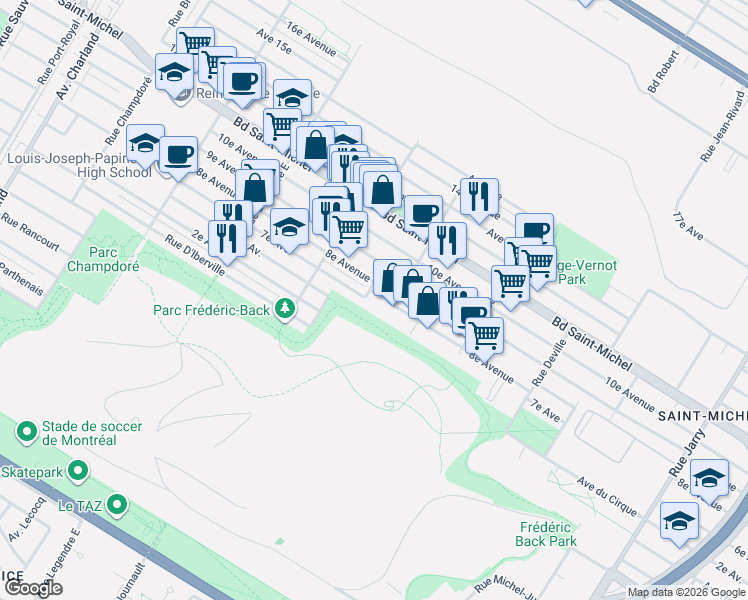 map of restaurants, bars, coffee shops, grocery stores, and more near 8760 8e Avenue in Montréal