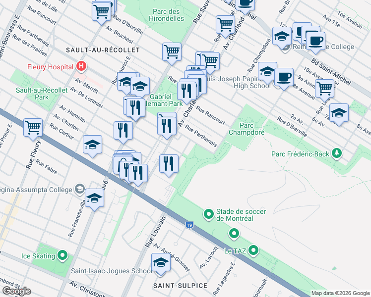 map of restaurants, bars, coffee shops, grocery stores, and more near 2128 Rue Champdoré in Montréal