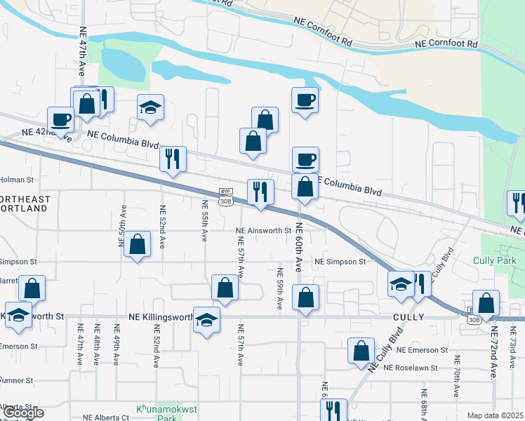 map of restaurants, bars, coffee shops, grocery stores, and more near 5800 Northeast Portland Highway in Portland
