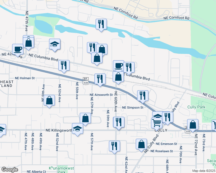 map of restaurants, bars, coffee shops, grocery stores, and more near 5820 U.S. 30 Bypass in Portland