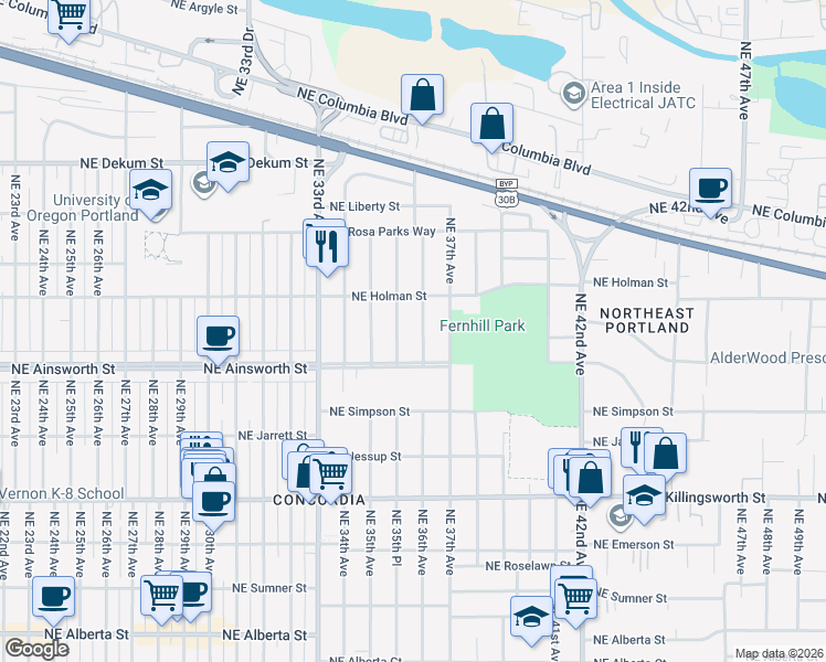 map of restaurants, bars, coffee shops, grocery stores, and more near 6036 Northeast 36th Avenue in Portland