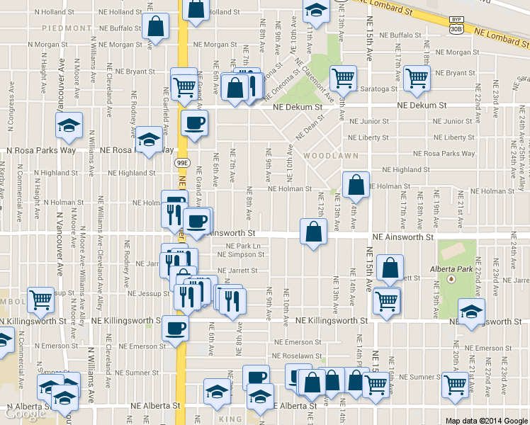 map of restaurants, bars, coffee shops, grocery stores, and more near 6035 Northeast 9th Avenue in Portland