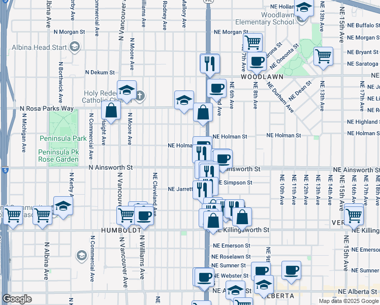 map of restaurants, bars, coffee shops, grocery stores, and more near 6104 Northeast Garfield Avenue in Portland