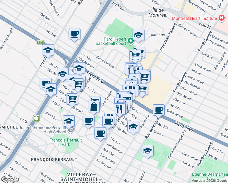 map of restaurants, bars, coffee shops, grocery stores, and more near 7340 Boulevard Pie-IX in Montréal
