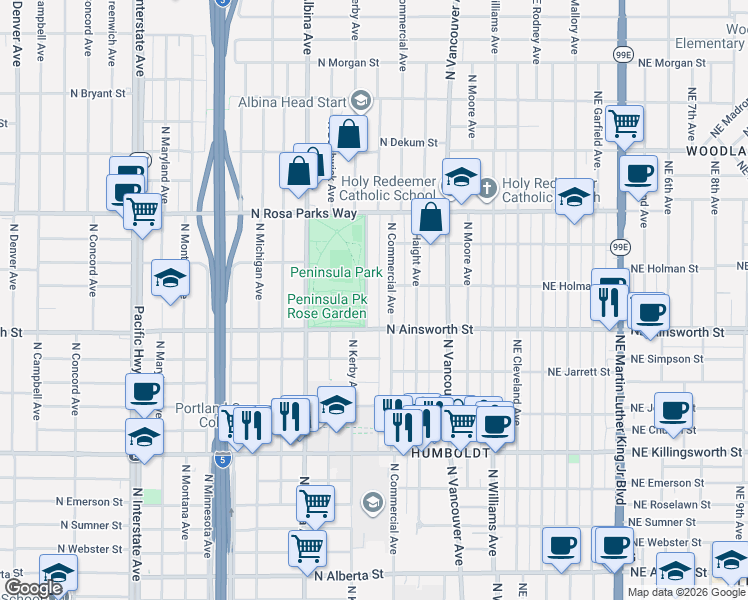 map of restaurants, bars, coffee shops, grocery stores, and more near 6103 North Commercial Avenue in Portland