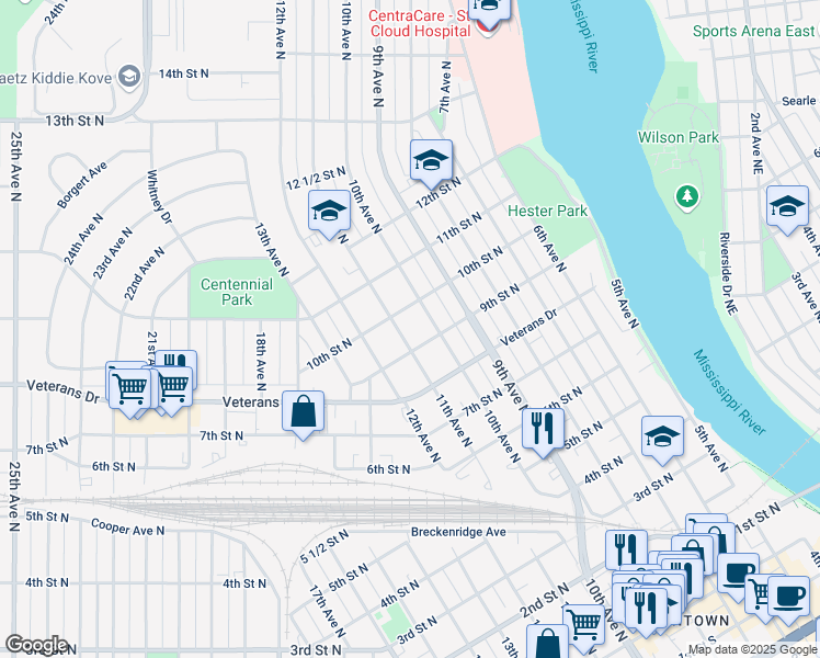 map of restaurants, bars, coffee shops, grocery stores, and more near 909 11th Avenue North in St. Cloud