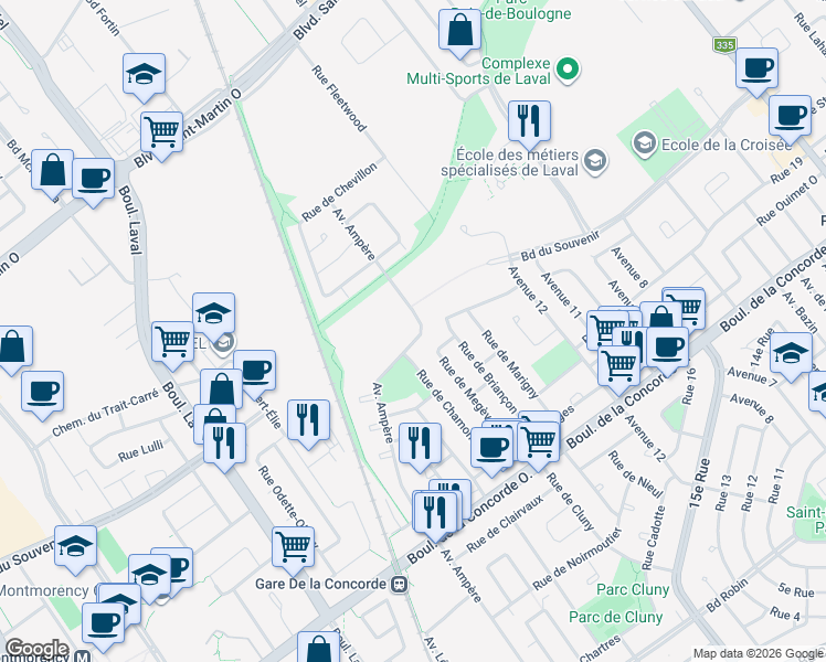 map of restaurants, bars, coffee shops, grocery stores, and more near 770 Avenue Ampère in Laval